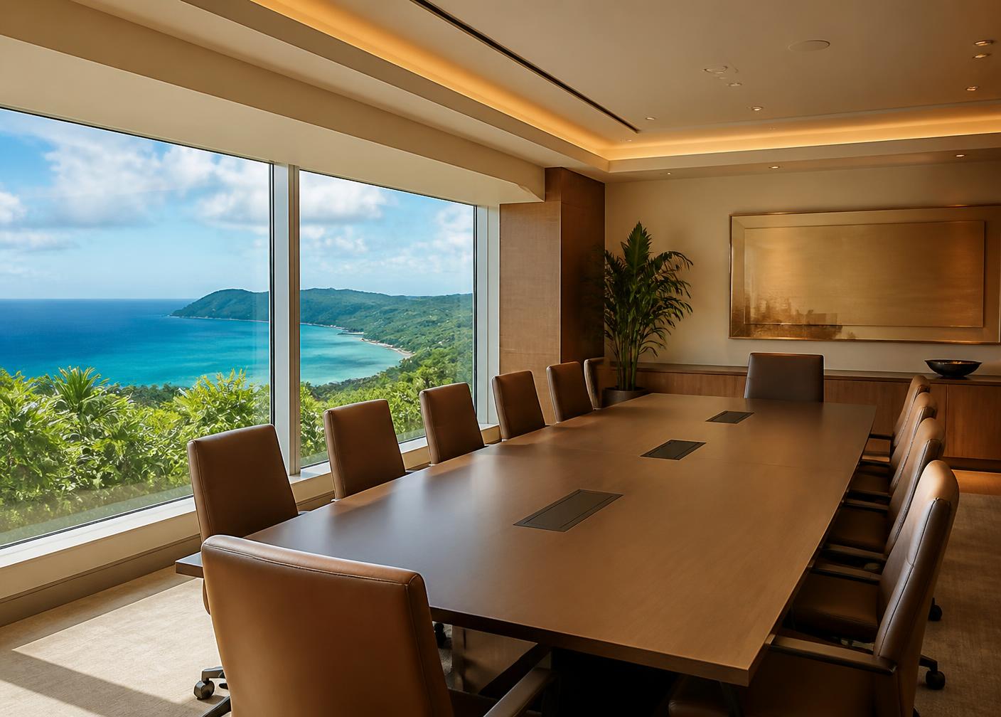 Sala de consejo institucional con vista al Caribe